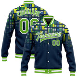 Custom Navy Neon Green-White 3D Pattern Design Bomber Full-Snap Varsity Letterman Jacket