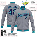 Custom Gray Navy-Teal Bomber Full-Snap Varsity Letterman Jacket