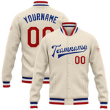 Custom Cream Red-Royal Bomber Full-Snap Varsity Letterman Jacket