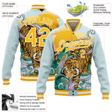 Custom Lakes Blue Gold-White Tiger 3D Pattern Design Bomber Full-Snap Varsity Letterman Jacket