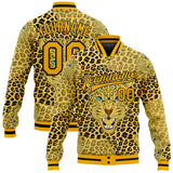 Custom Gold Black Leopard 3D Pattern Design Bomber Full-Snap Varsity Letterman Jacket