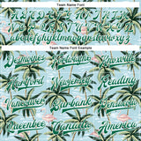 Custom Lakes Blue Kelly Green-White Flamingo And Tropical Hawaii Palm Tree 3D Bomber Full-Snap Varsity Letterman Jacket