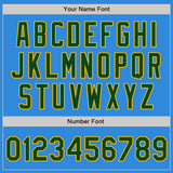 Custom Powder Blue Green-Gold Bomber Full-Snap Varsity Letterman Jacket