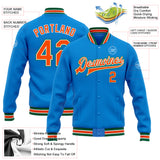 Custom Powder Blue Orange-Kelly Green Bomber Full-Snap Varsity Letterman Jacket