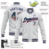 Custom White Navy Pinstripe Vintage USA Flag Bomber Full-Snap Varsity Letterman Jacket
