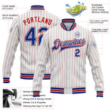 Custom White Red Pinstripe Royal Bomber Full-Snap Varsity Letterman Jacket
