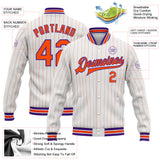 Custom White Orange Pinstripe Purple Bomber Full-Snap Varsity Letterman Jacket