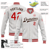 Custom White Brown Pinstripe Red Bomber Full-Snap Varsity Letterman Jacket