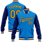 Custom Powder Blue Yellow-Royal Bomber Full-Snap Varsity Letterman Two Tone Jacket