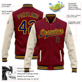 Custom Crimson Navy Cream-Gold Bomber Full-Snap Varsity Letterman Two Tone Jacket