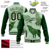 Custom Green Cream Wolf 3D Pattern Design Bomber Full-Snap Varsity Letterman Jacket