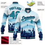 Custom White Teal-Navy Watercolor Forest Winter Snow Landscape 3D Pattern Design Bomber Full-Snap Varsity Letterman Jacket