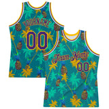 Custom Kelly Green Purple-Gold 3D Pattern Hawaii Palm Trees Pineapples Authentic Basketball Jersey