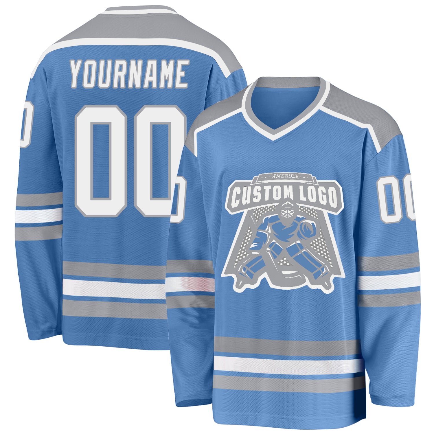 Custom Light Blue White-Gray Hockey Jersey