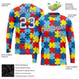 Custom Colorful White-Royal Autism Supporter Awareness Puzzle Pieces 3D Pattern Long Sleeve Performance T-Shirt