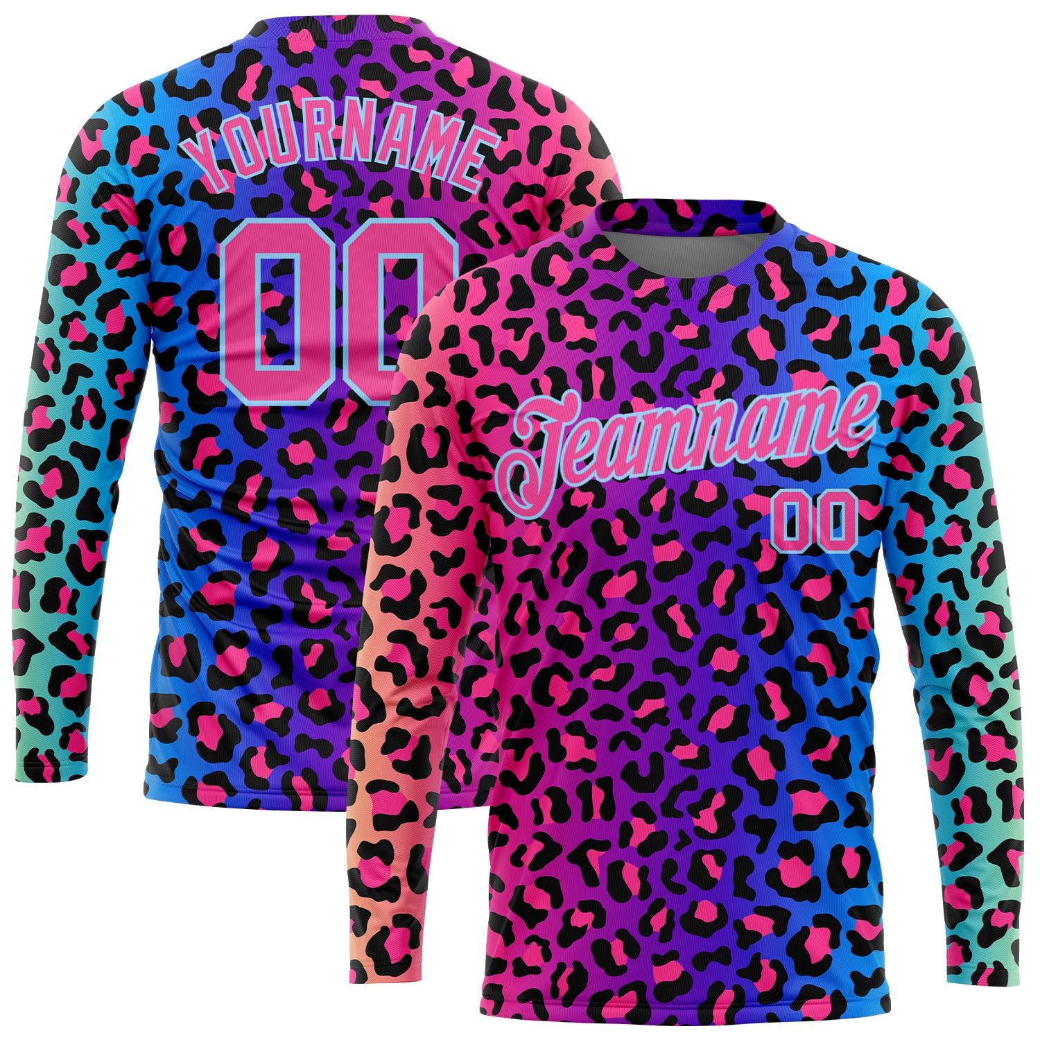 Custom Purple Pink-Light Blue Leopard 3D Pattern Long Sleeve Performance T-Shirt