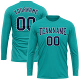 Custom Aqua Navy-White Long Sleeve Performance T-Shirt