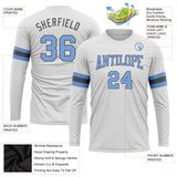 Custom White Light Blue-Steel Gray Long Sleeve Performance T-Shirt