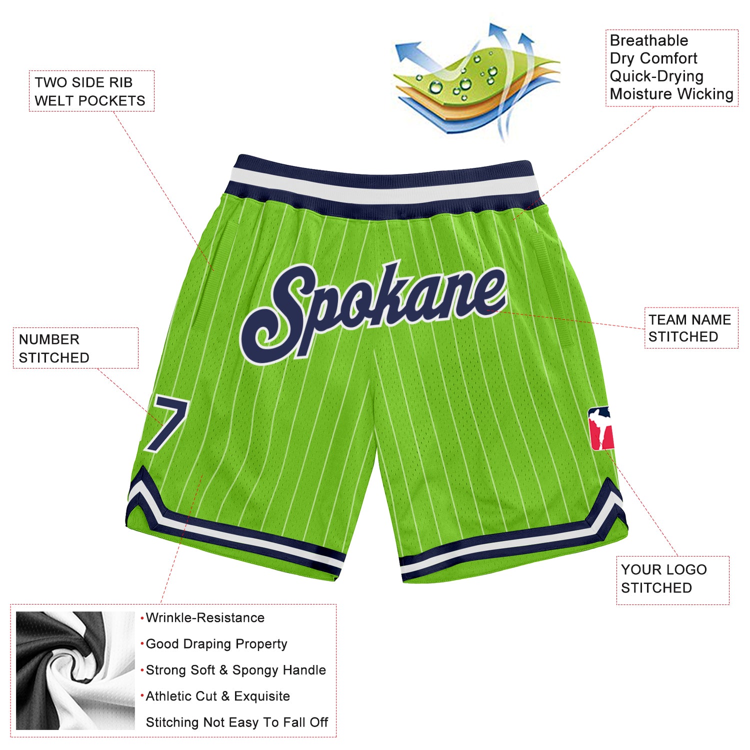 Custom Neon Green White Pinstripe Navy-White Authentic Basketball Shorts