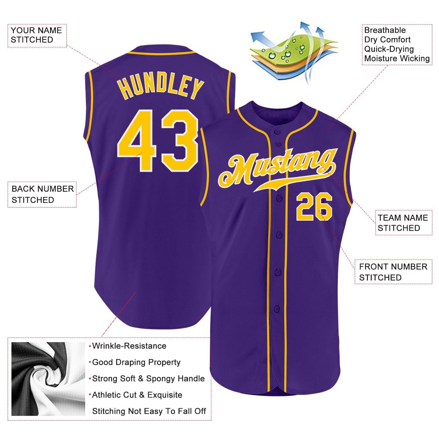 Custom Purple Gold-White Authentic Sleeveless Baseball Jersey