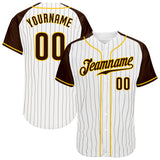 Custom White Brown Pinstripe Brown-Gold Authentic Raglan Sleeves Baseball Jersey