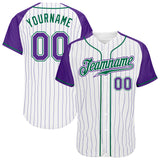 Custom White Purple Pinstripe Purple-Kelly Green Authentic Raglan Sleeves Baseball Jersey