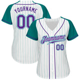 Custom White Aqua Pinstripe Purple-Aqua Authentic Raglan Sleeves Baseball Jersey