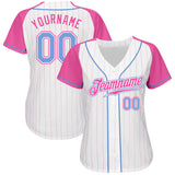 Custom White Pink Pinstripe Light Blue-Pink Authentic Raglan Sleeves Baseball Jersey