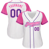 Custom White Pink Pinstripe Purple-Pink Authentic Raglan Sleeves Baseball Jersey