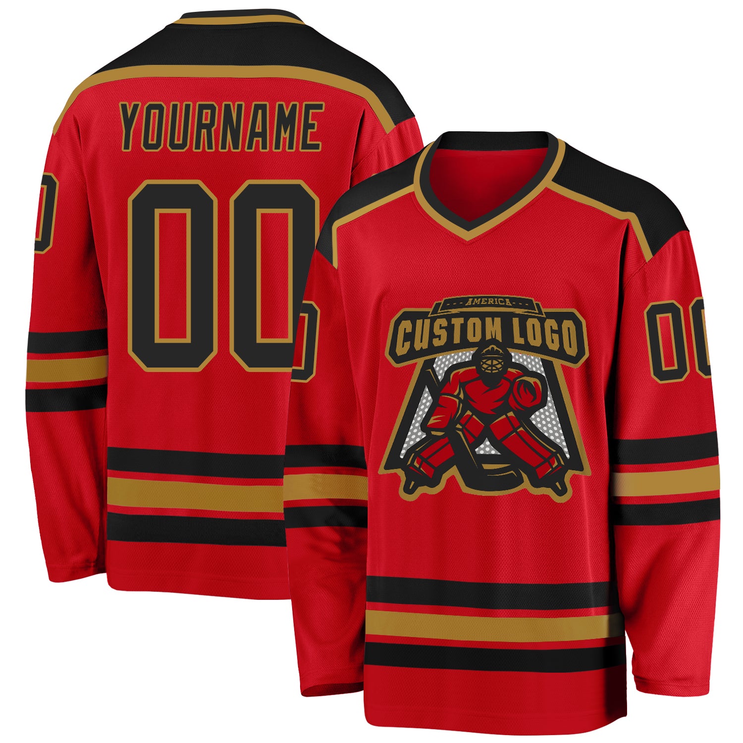 Custom Red Black-Old Gold Hockey Jersey