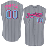 Custom Gray Black Pinstripe Light Blue-Pink Authentic Sleeveless Baseball Jersey