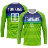 Custom Neon Green White-Royal Sublimation Soccer Uniform Jersey