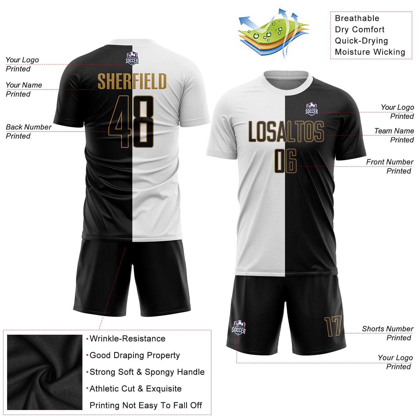 Custom White Black-Old Gold Sublimation Split Fashion Soccer Uniform Jersey