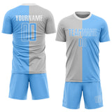 Custom Gray Light Blue-White Sublimation Split Fashion Soccer Uniform Jersey