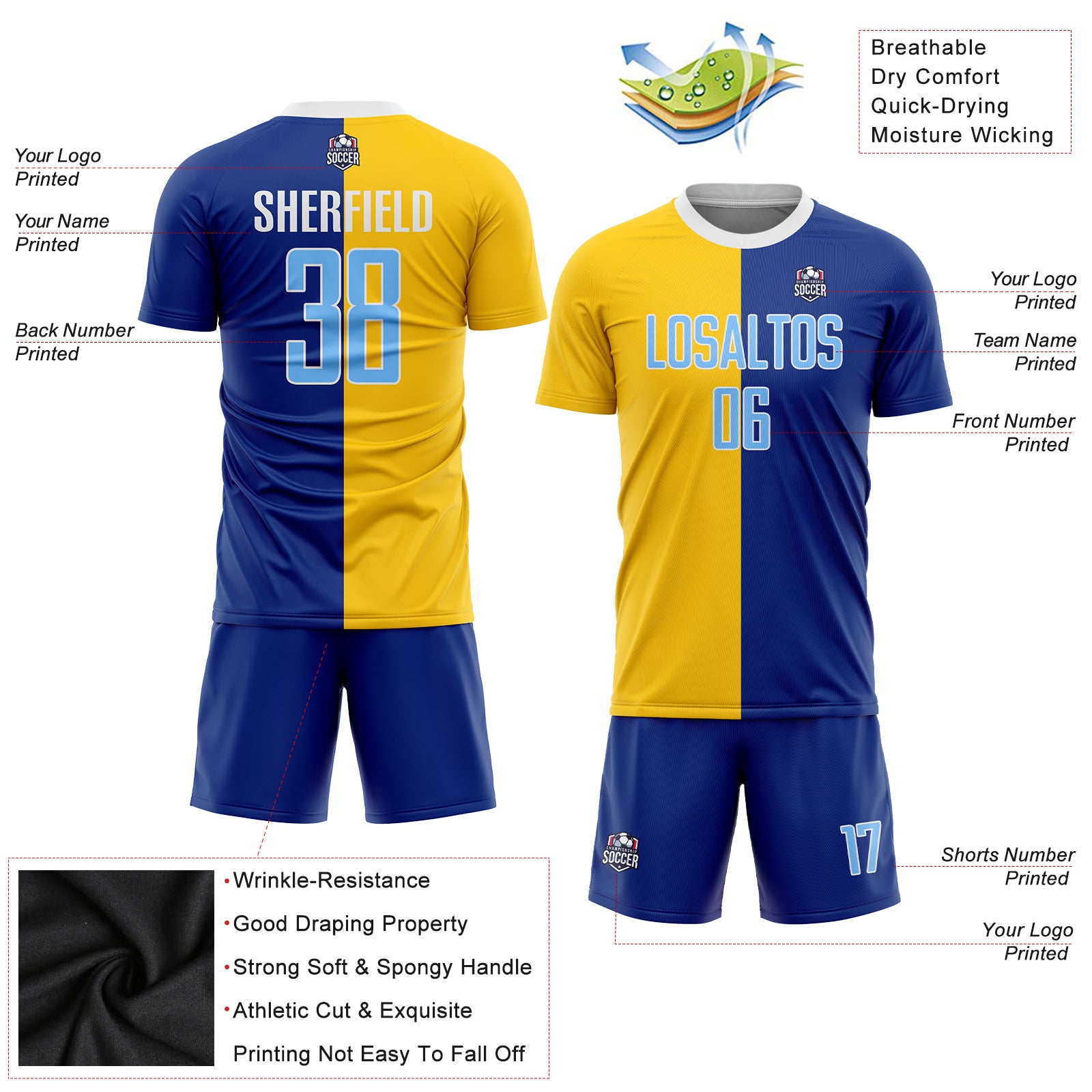 Custom Royal Light Blue-Gold Sublimation Split Fashion Soccer Uniform Jersey