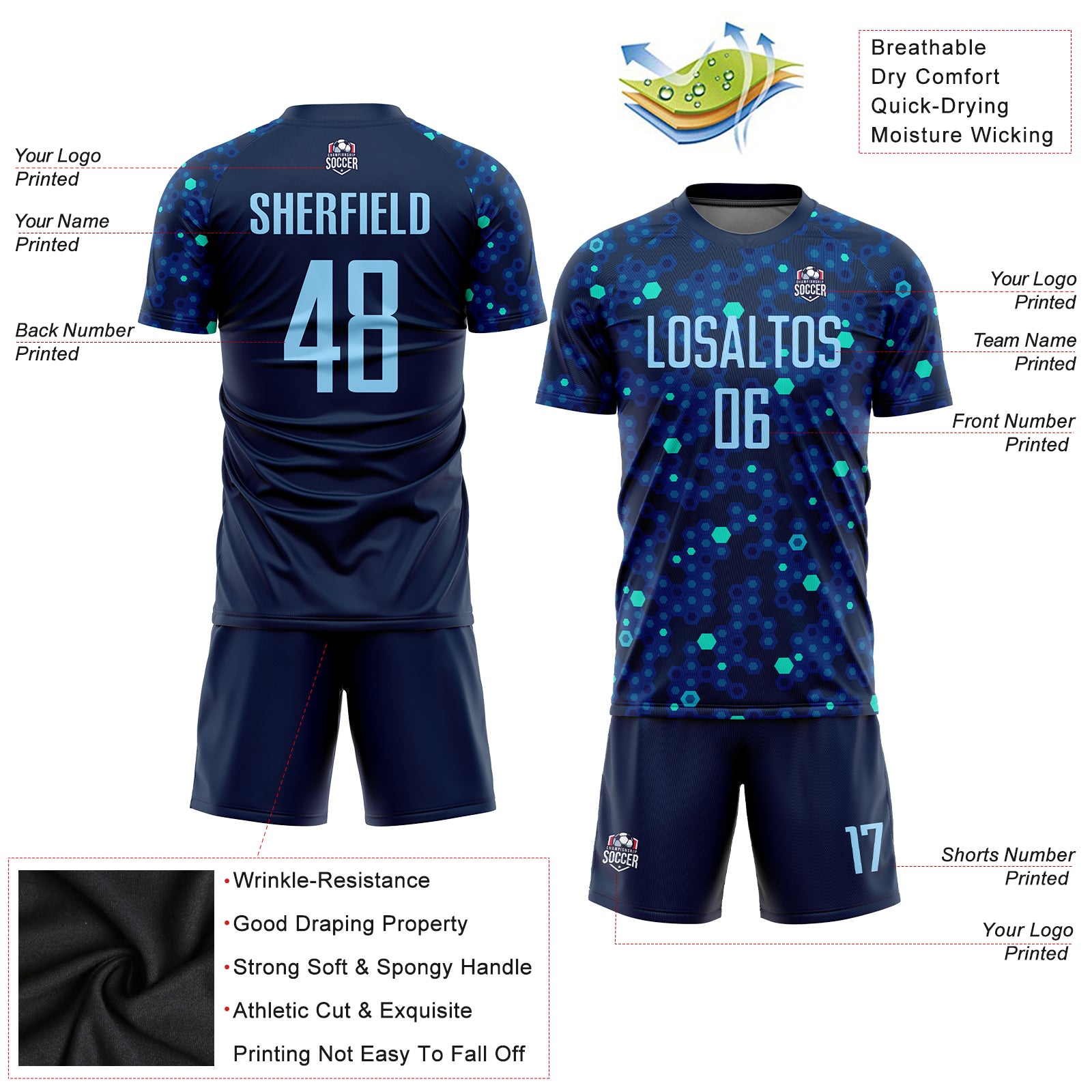 Custom Navy Light Blue-Royal Sublimation Soccer Uniform Jersey
