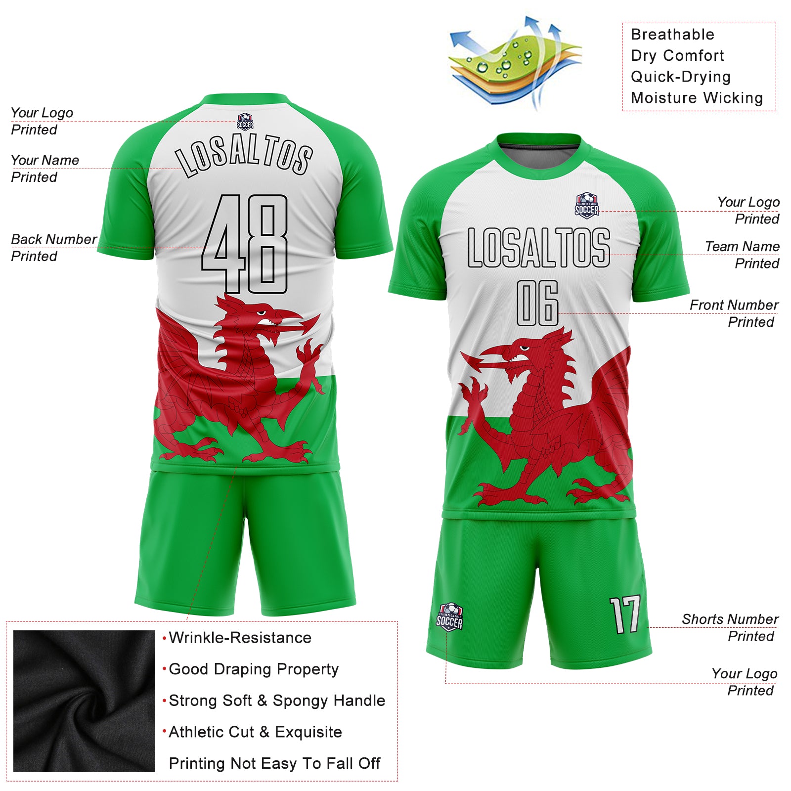 Custom Green White Red-Black Sublimation Welsh Flag Soccer Uniform Jersey