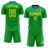 Custom Neon Green Gold-Royal Sublimation Brazilian Flag Soccer Uniform Jersey