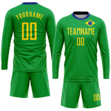 Custom Neon Green Gold-Royal Sublimation Brazilian Flag Soccer Uniform Jersey