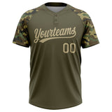 Custom Olive Vegas Gold Camo Raglan Sleeves Salute To Service Two-Button Unisex Softball Jersey