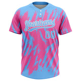 Custom Pink Powder Blue-White 3D Pattern Two-Button Unisex Softball Jersey