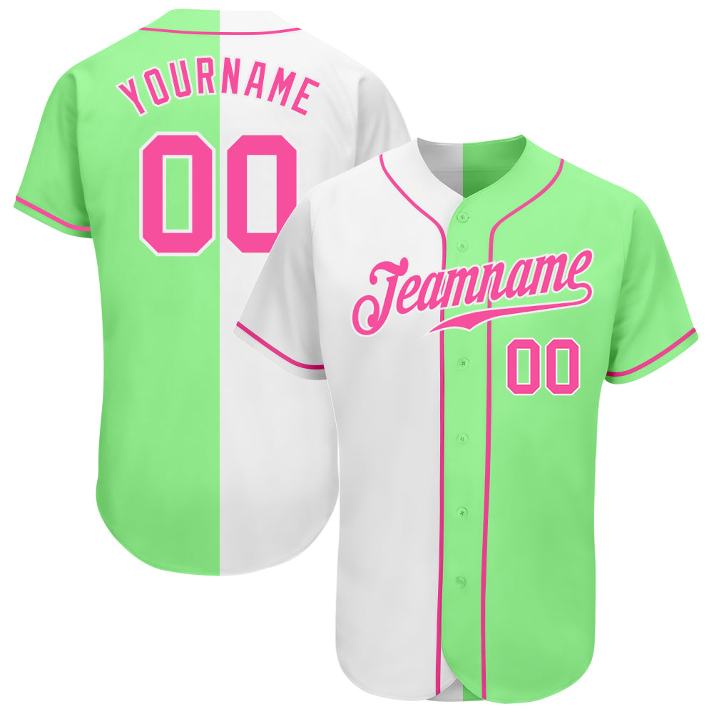 Custom Pea Green Pink-White Authentic Split Fashion Baseball Jersey