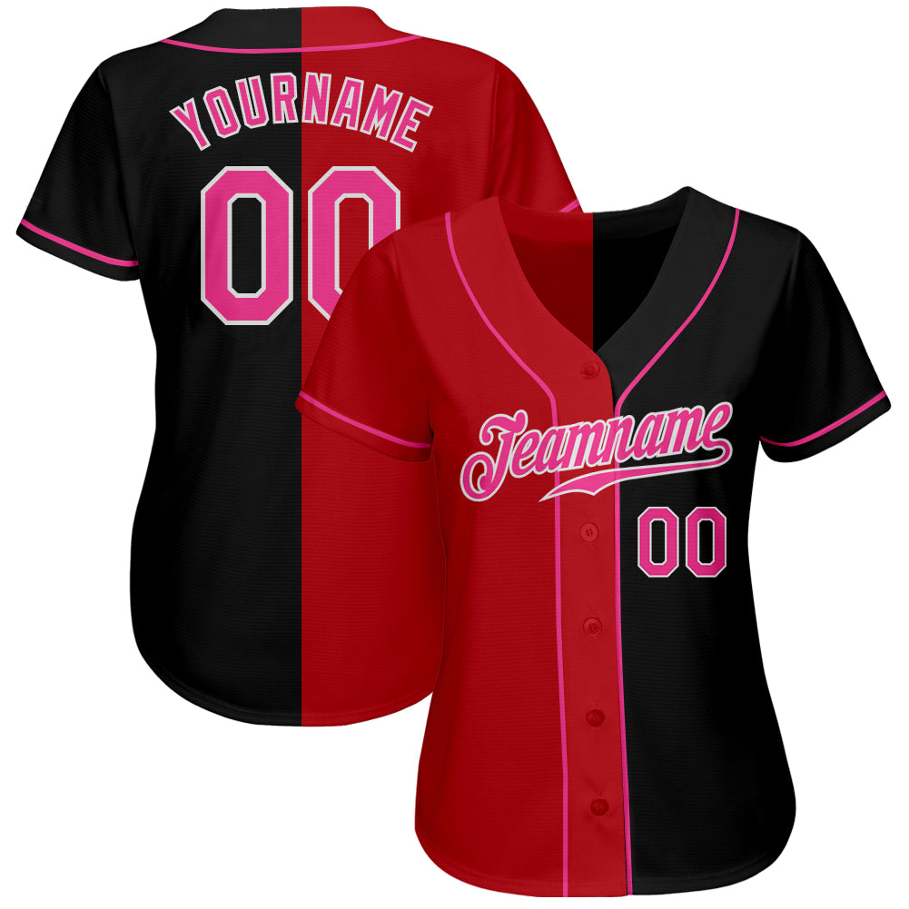 Custom Black Pink Red-White Authentic Split Fashion Baseball Jersey