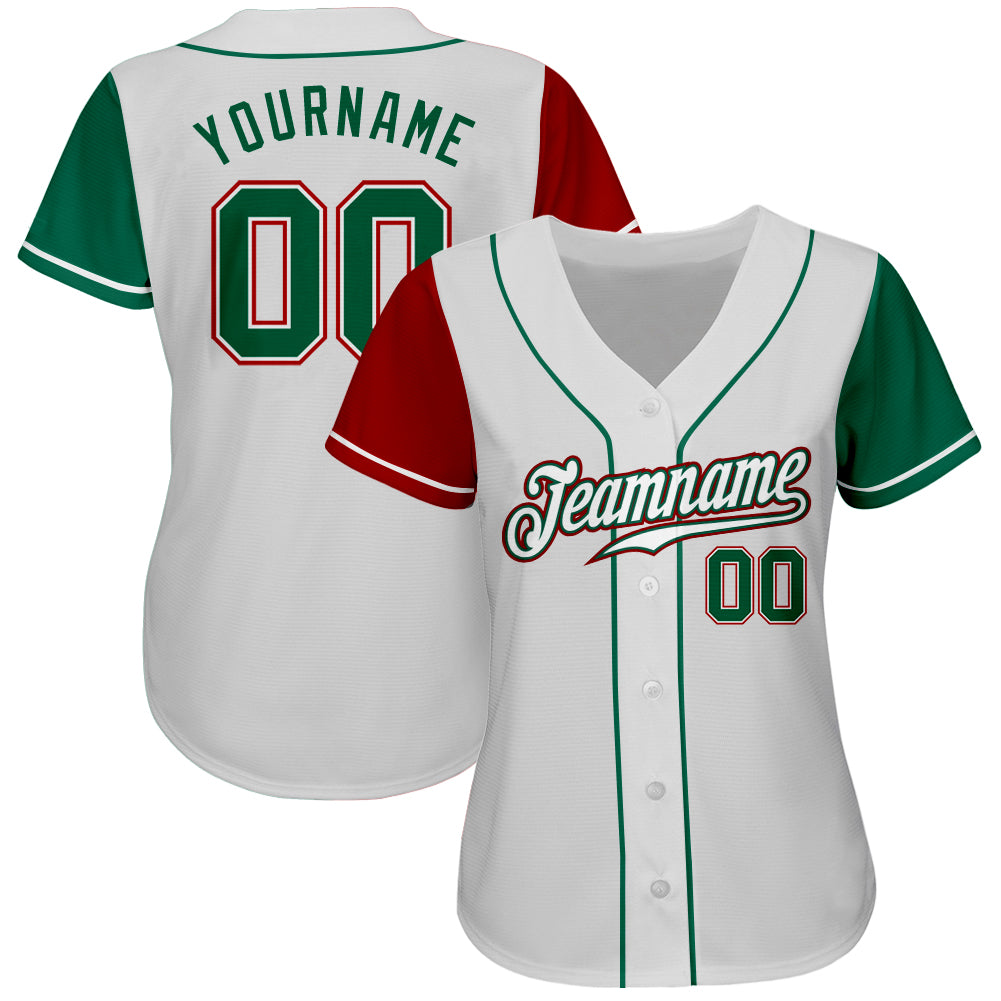 Custom White Kelly Green-Red Authentic Two Tone Baseball Jersey