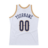 Custom White Navy-Old Gold Authentic Throwback Basketball Jersey