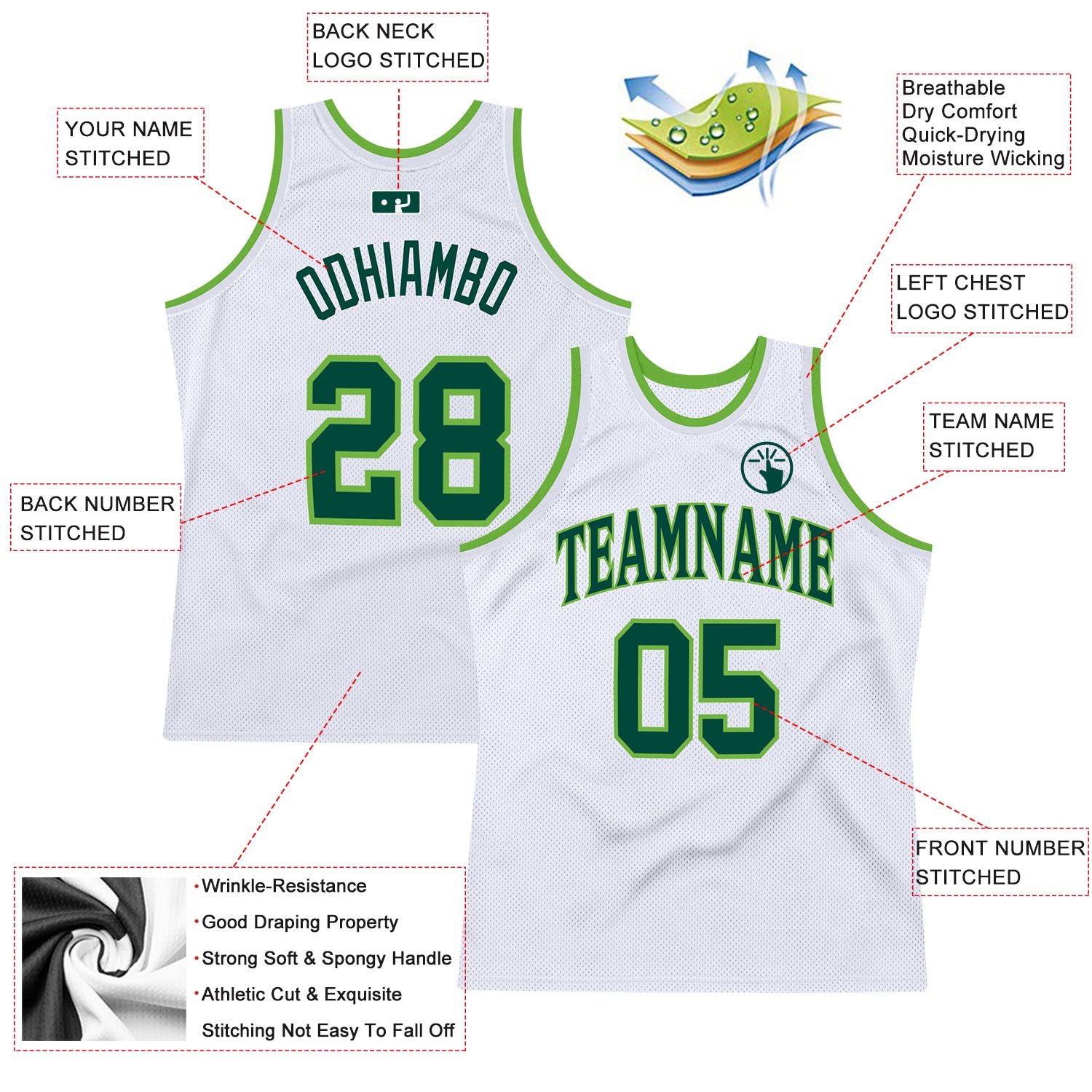 Custom White Hunter Green-Neon Green Authentic Throwback Basketball Jersey