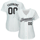 Custom White Teal Pinstripe Black-Gray Authentic Baseball Jersey