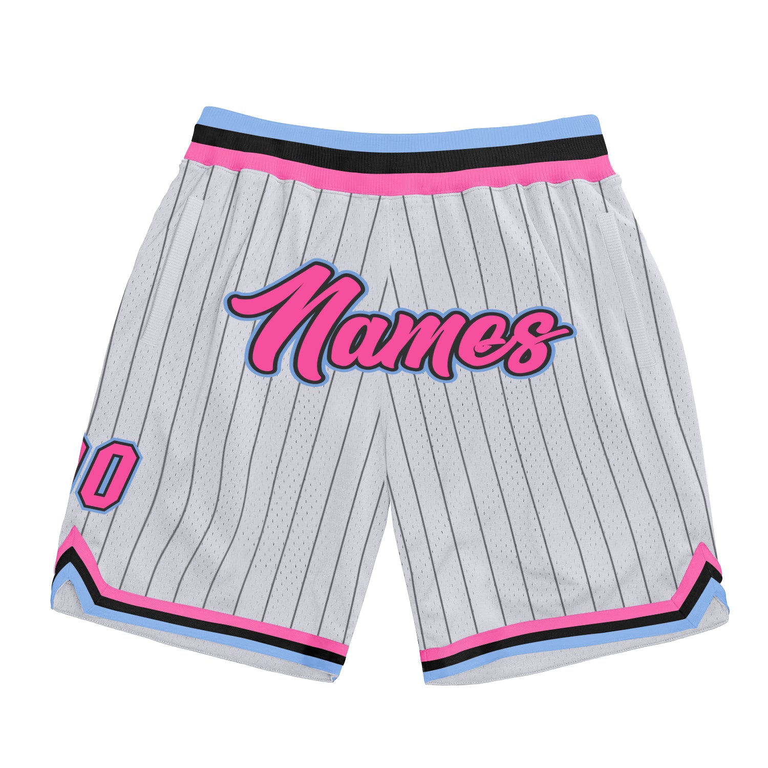 Custom White Black Pinstripe Pink-Light Blue Authentic Basketball Shorts