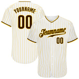 Custom White Gold Pinstripe Brown-Gold Authentic Baseball Jersey