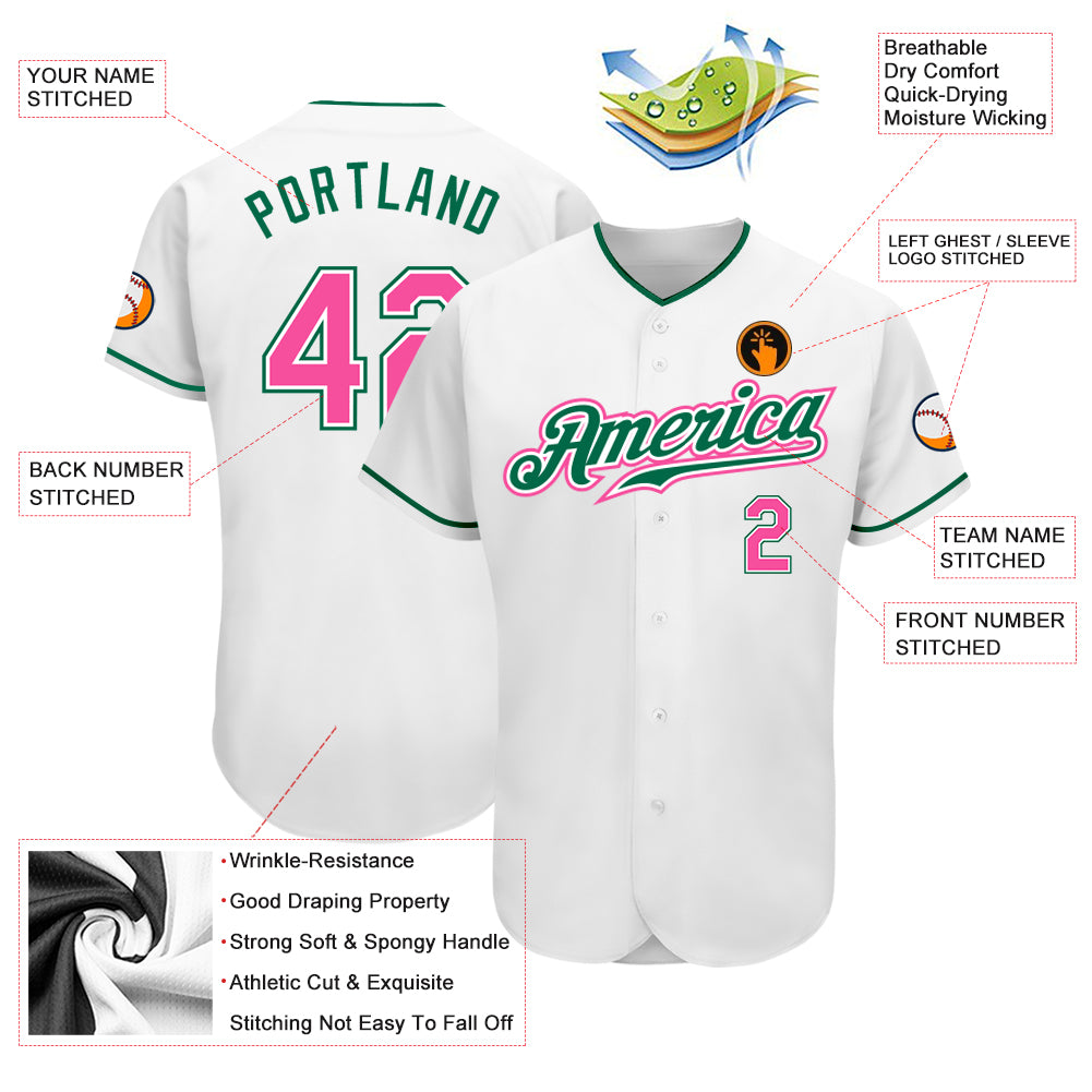 Custom White Pink-Kelly Green Authentic Baseball Jersey